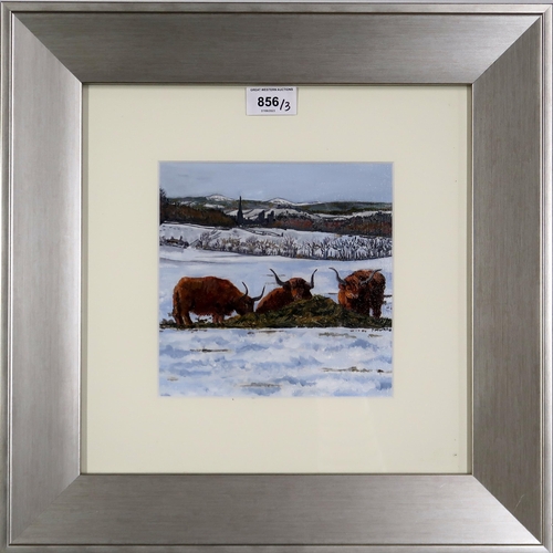 856 - PAULINE MURRAY (SCOTTISH)HIGHLAND CATTLE AT INVERGOWRIEOil on board, signed lower right, 17.5 x 17.5... 