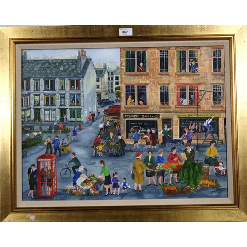 867 - SHEENA HOLMER (SCOTTISH)MARKET SCENEOil on canvas, signed lower right, 44 x 58cm... 