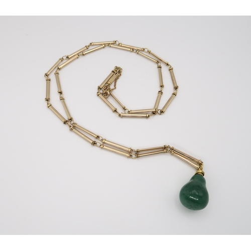 603 - A Italian bi-colour baton link chain, made by O.P. Orlandini, with an attached, green glass pear mou... 