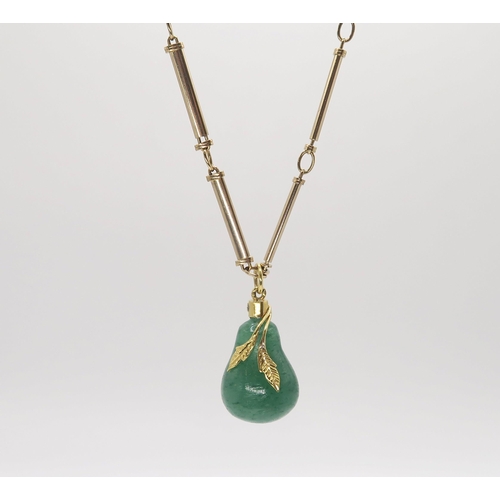 603 - A Italian bi-colour baton link chain, made by O.P. Orlandini, with an attached, green glass pear mou... 