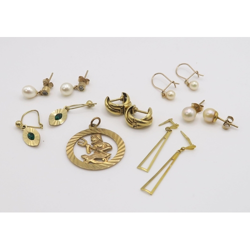 608 - A collection of 9ct gold items to include a retro Aquarius pendant and seven pairs of earrings, weig... 