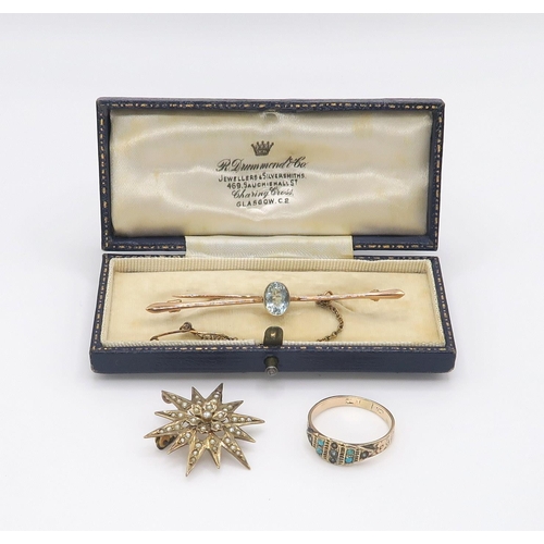 616 - A 9ct gold star brooch set with pearls, together with a rose gold aquamarine brooch, and a yellow me... 