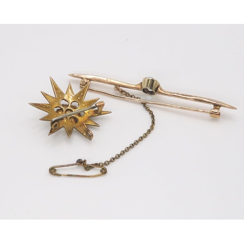 616 - A 9ct gold star brooch set with pearls, together with a rose gold aquamarine brooch, and a yellow me... 