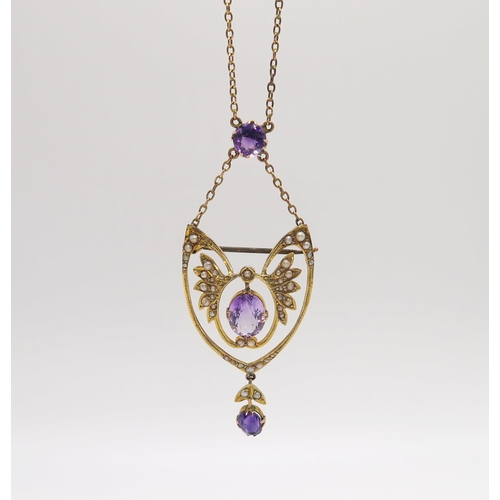 617 - A 9ct gold, amethyst and pearl Edwardian pendant necklace, length of the winged pendant from th... 