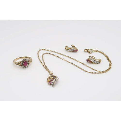 621 - A 9ct gold ruby and diamond pendant on chain and matching earrings together with a similar ring set ... 