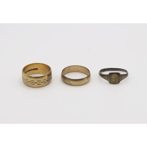 622 - Two 9ct gold wedding rings, wide band N1/2, and P, weight 7.2gms together with a gold plated silver ... 