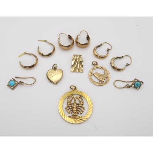 648 - A 9ct gold Scorpio pendant, a heart shaped back & front locket and two other 9ct pendant, togeth... 