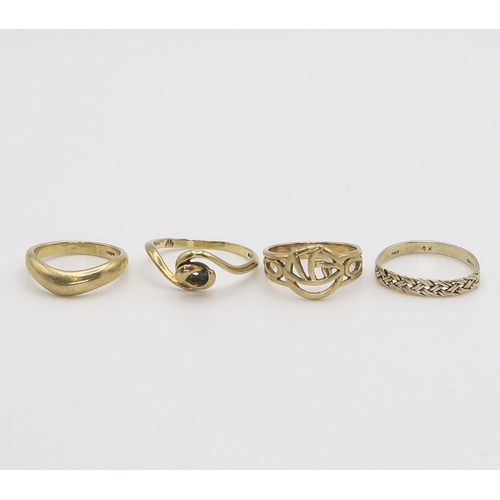 651 - Four 9ct gold rings, shaped wedding ring, size J, swirl size O, Mackintosh pattern , size K, and a h... 