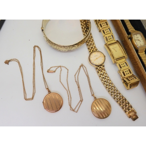 792 - Two 9ct gold vintage lockets, a gold plated silver bangle, a collection of costume jewellery watches... 