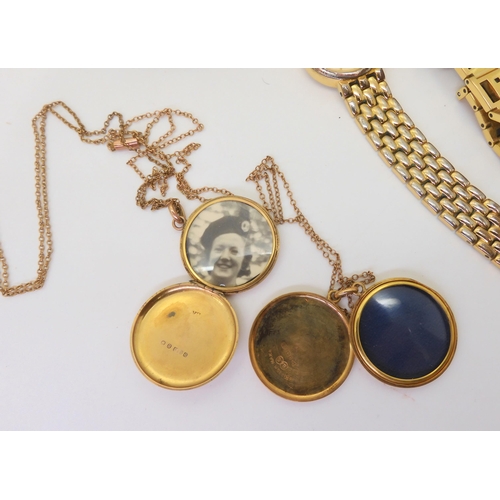 792 - Two 9ct gold vintage lockets, a gold plated silver bangle, a collection of costume jewellery watches... 