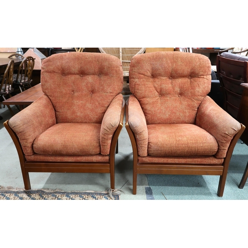 163 - A pair of Ercol elm and beech framed armchairs with terracotta upholstered cushions, 100cm high x 79... 