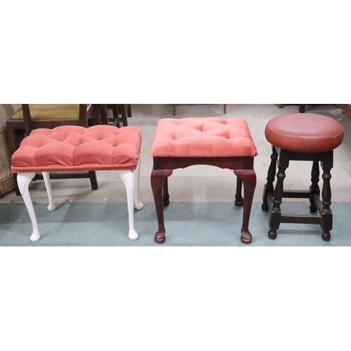 101 - A lot comprising two assorted button upholstered stools on cabriole legs and a vinyl upholstered pub... 