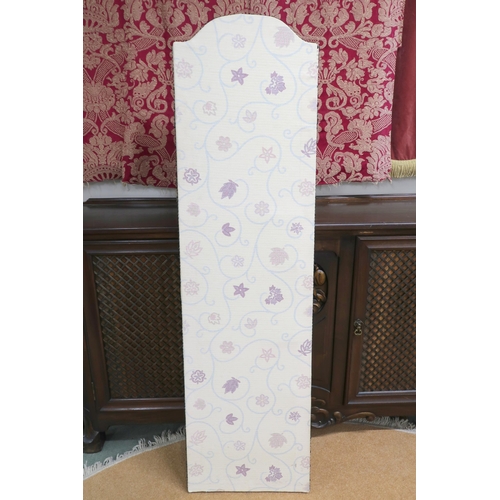 102 - A contemporary three panelled room divider upholstered in floral cream fabric with studded edges, 15... 