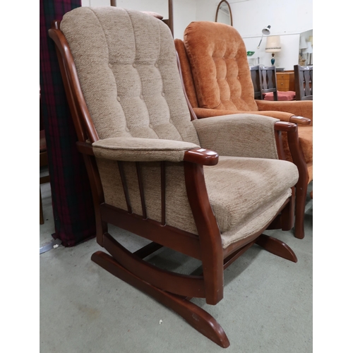 105 - A lot comprising mid 20th century teak framed American style rocking chair with grey upholstery and ... 