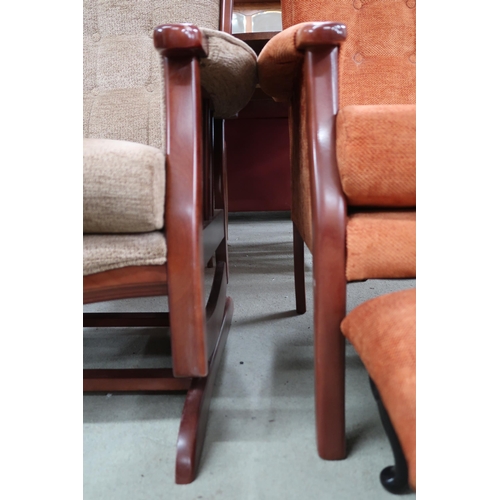 105 - A lot comprising mid 20th century teak framed American style rocking chair with grey upholstery and ... 