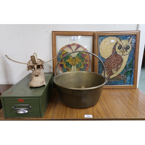 108 - A mixed lot comprising two contemporary stained glass panels, brass jelly pan, green painted steel f... 