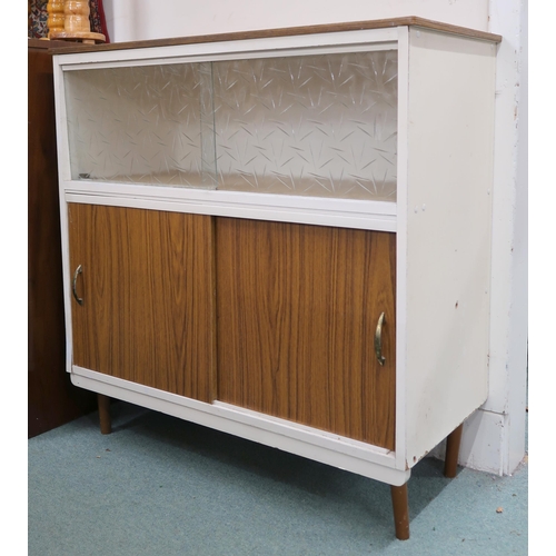 109 - A mid 20th century Formica kitchen cabinet with glass sliding doors over panel sliding doors, 92cm h... 