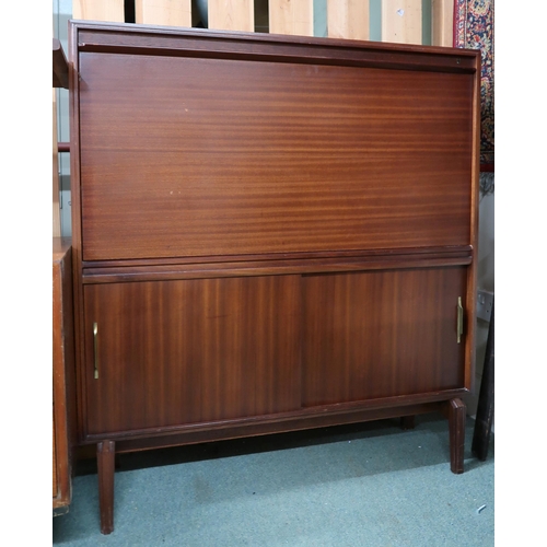 112 - A mid 20th century stained teak bureau with fall front writing compartment over sliding doors, 101cm... 