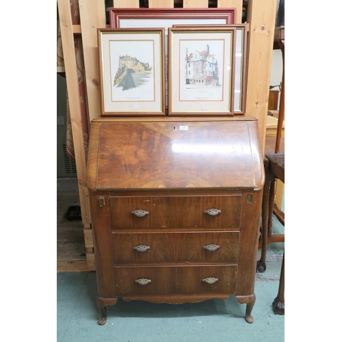 117 - A lot comprising 20th century mahogany bureau and five assorted framed pictures (6)