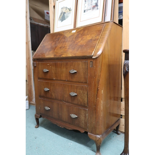 117 - A lot comprising 20th century mahogany bureau and five assorted framed pictures (6)