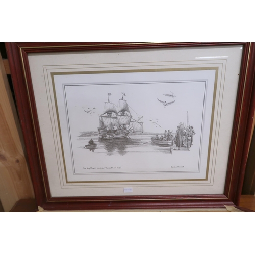 117 - A lot comprising 20th century mahogany bureau and five assorted framed pictures (6)