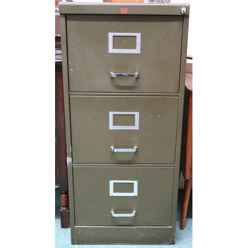 121 - A 20th century green painted Howden three drawer filing cabinet, 103cm high x 47cm wide x 62cm deep