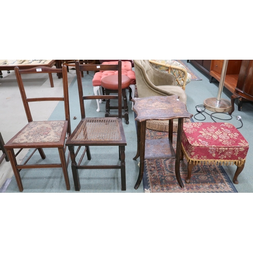 129 - A lot comprising two assorted bedroom chairs, upholstered sewing stool and a two tier pokerwork occa... 