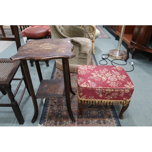 129 - A lot comprising two assorted bedroom chairs, upholstered sewing stool and a two tier pokerwork occa... 