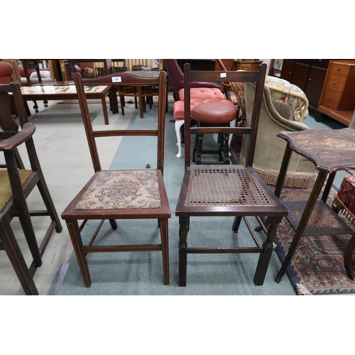 129 - A lot comprising two assorted bedroom chairs, upholstered sewing stool and a two tier pokerwork occa... 