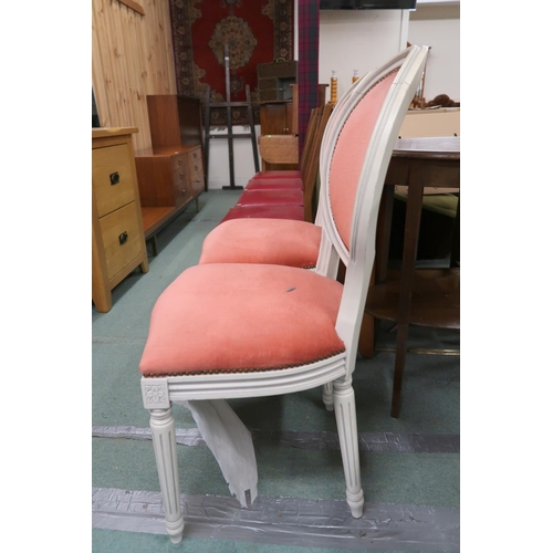 132 - A lot comprising a set of four mid 20th century teak and red vinyl upholstered dining chairs and a p... 