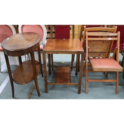 136 - A lot comprising mahogany oval two tier occasional table, oak two tier table and pair of folding cha... 