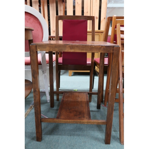 136 - A lot comprising mahogany oval two tier occasional table, oak two tier table and pair of folding cha... 