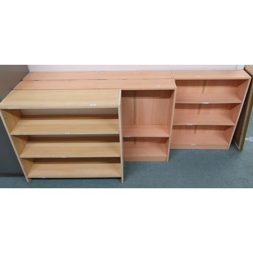 143 - A lot comprising contemporary three bay open bookcase, 83cm high x 196cm wide x 17cm deep, another t... 