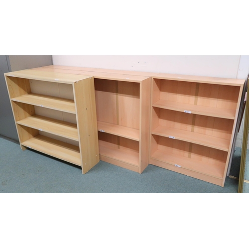 143 - A lot comprising contemporary three bay open bookcase, 83cm high x 196cm wide x 17cm deep, another t... 