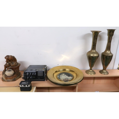 145 - A mixed lot to include three tier folding cake stand, pair of brass vases, pair of brass chargers et... 