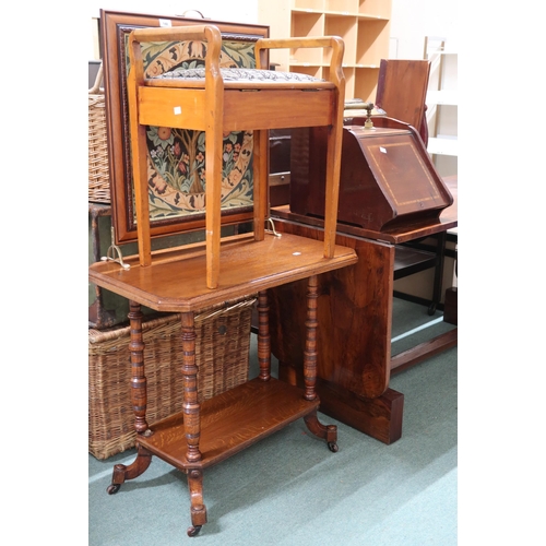 148 - A lot comprising oak two tier occasional table, piano stool, tapestry fire screen and coal depot (4)