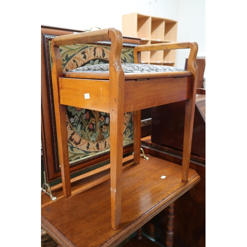 148 - A lot comprising oak two tier occasional table, piano stool, tapestry fire screen and coal depot (4)