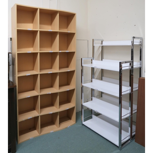 151 - A lot comprising contemporary open bookcase, 189cm high x 96cm wide x 30cm deep, two other contempor... 