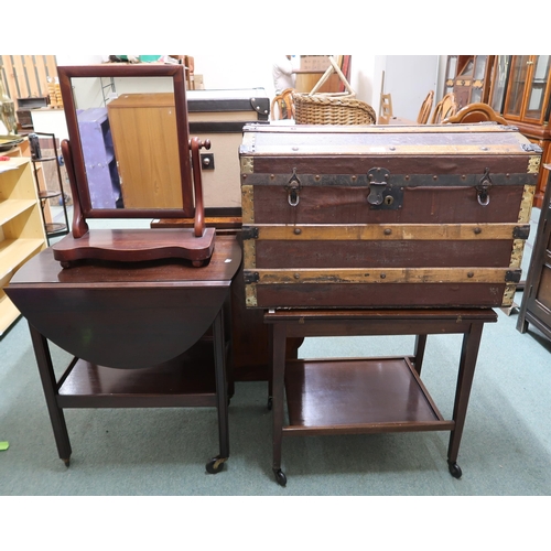 153 - A lot comprising dome topped wood bound travel trunk, mahogany dressing mirror, and two assorted tea... 