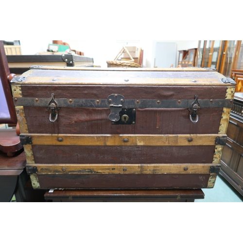 153 - A lot comprising dome topped wood bound travel trunk, mahogany dressing mirror, and two assorted tea... 