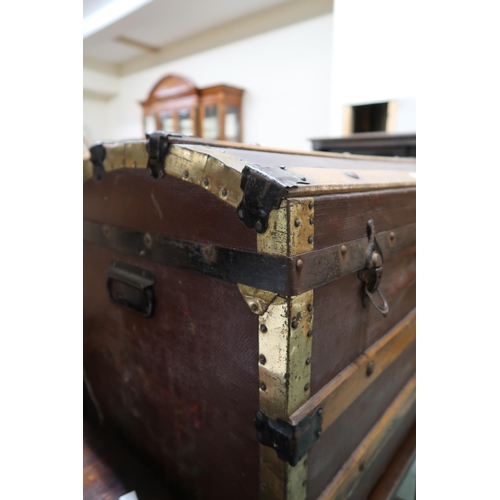 153 - A lot comprising dome topped wood bound travel trunk, mahogany dressing mirror, and two assorted tea... 