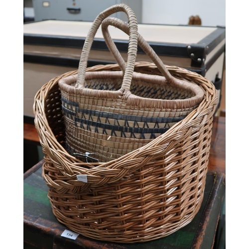 154 - A lot comprising wicket laundry hamper, leather travel trunk, wicker basket and wicker bag (4)