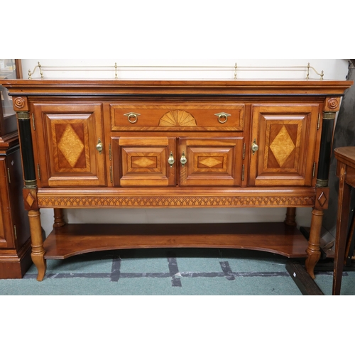 157 - A 20th century reproduction mahogany and maple inlaid dining suite consisting twin pedestal extendin... 