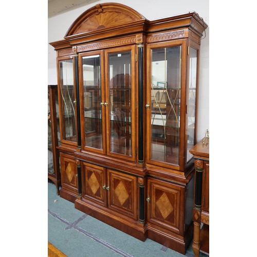 158 - A 20th century reproduction mahogany and maple inlaid breakfront display cabinet with cornice over f... 