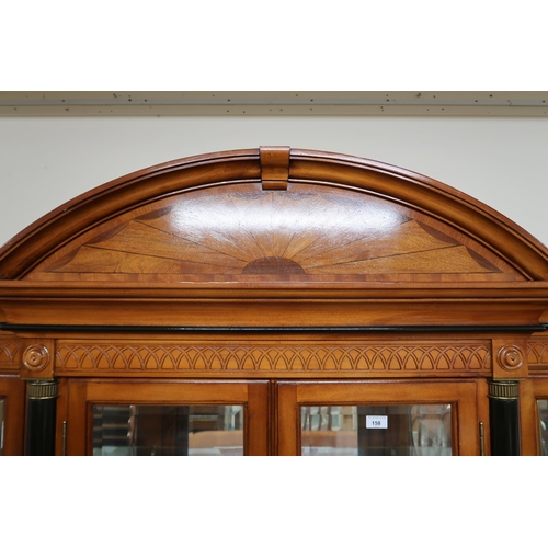 158 - A 20th century reproduction mahogany and maple inlaid breakfront display cabinet with cornice over f... 