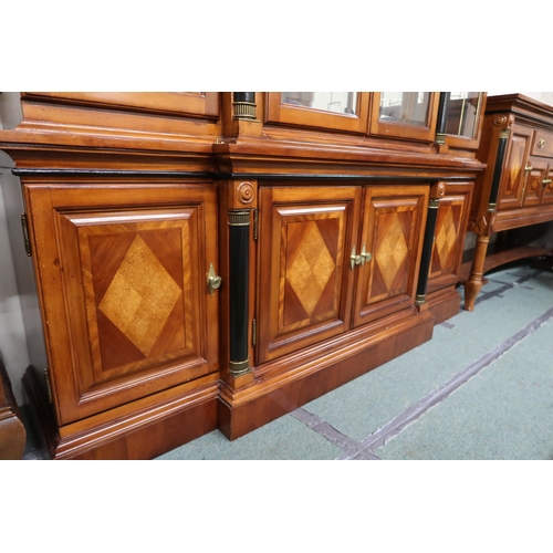 158 - A 20th century reproduction mahogany and maple inlaid breakfront display cabinet with cornice over f... 