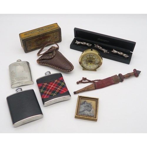 496 - A tribal dagger, various hip flasks, chop stick holders etc