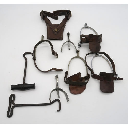 540 - Assorted military spurs, a leather sword frog and two mismatched boot hooks