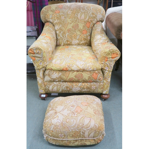 62 - A late Victorian humpback armchair, 83cm high x 83cm wide x 85cm deep and poof both with floral dama... 