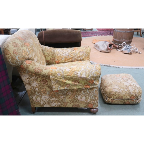 62 - A late Victorian humpback armchair, 83cm high x 83cm wide x 85cm deep and poof both with floral dama... 